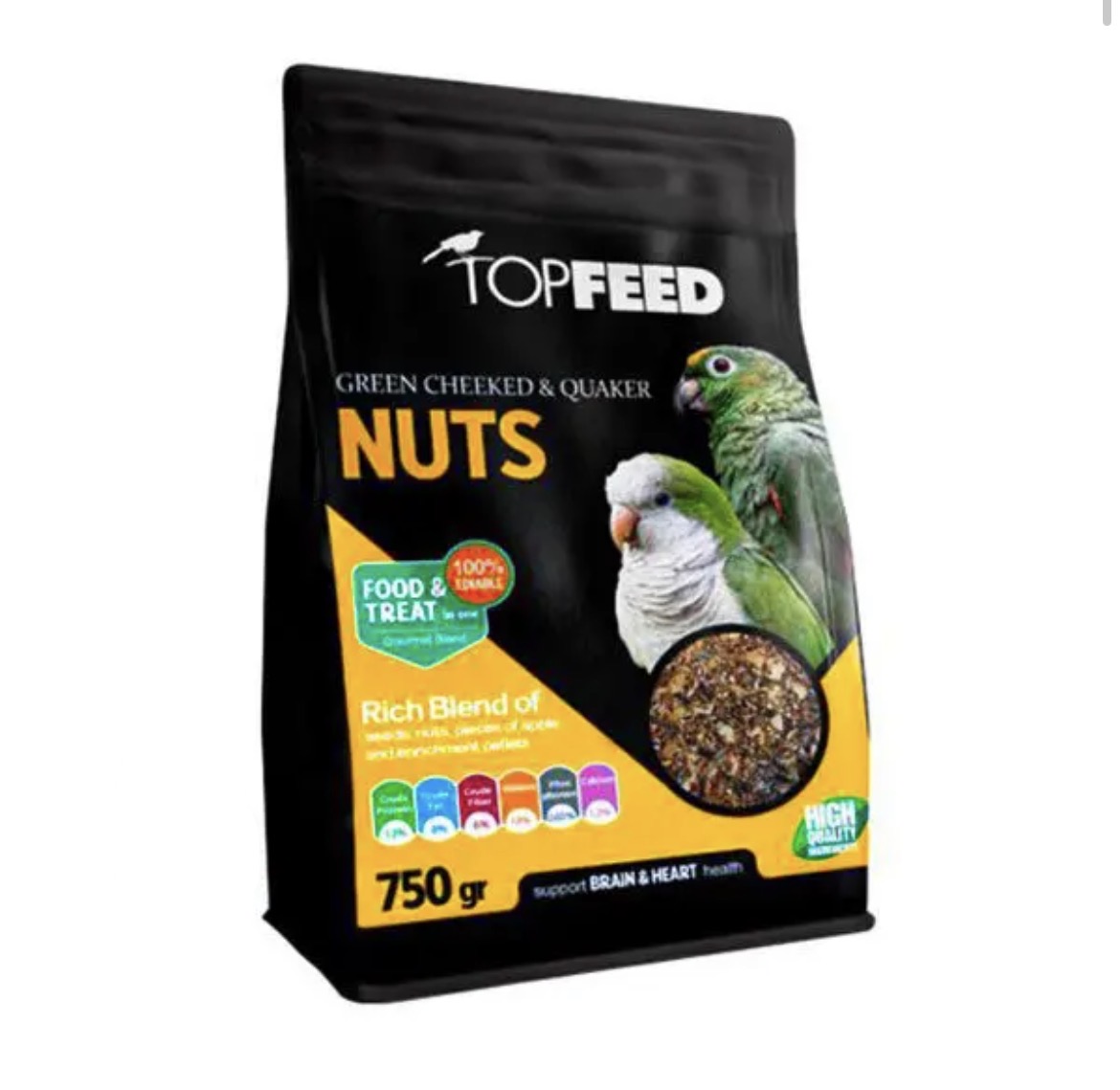 خوراک آجیلی گرین چیک و کواکر تاپ فید Topfeed Green cheeked & Quaker nuts وزن 750 گرم